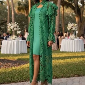 # A083   Nancy Modern Vintage Luxe  Green Lace  Long Duster Dress NWT  L